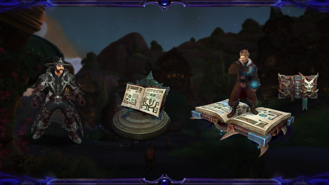 Soldan sağa Witch Hunter’s Shadow Attire transmog seti, Quillgrave Storyteller’s Lectern dekoru, Shadowbound Storybook bineği ve Quillgrave Talebound Shadowtome dekoru