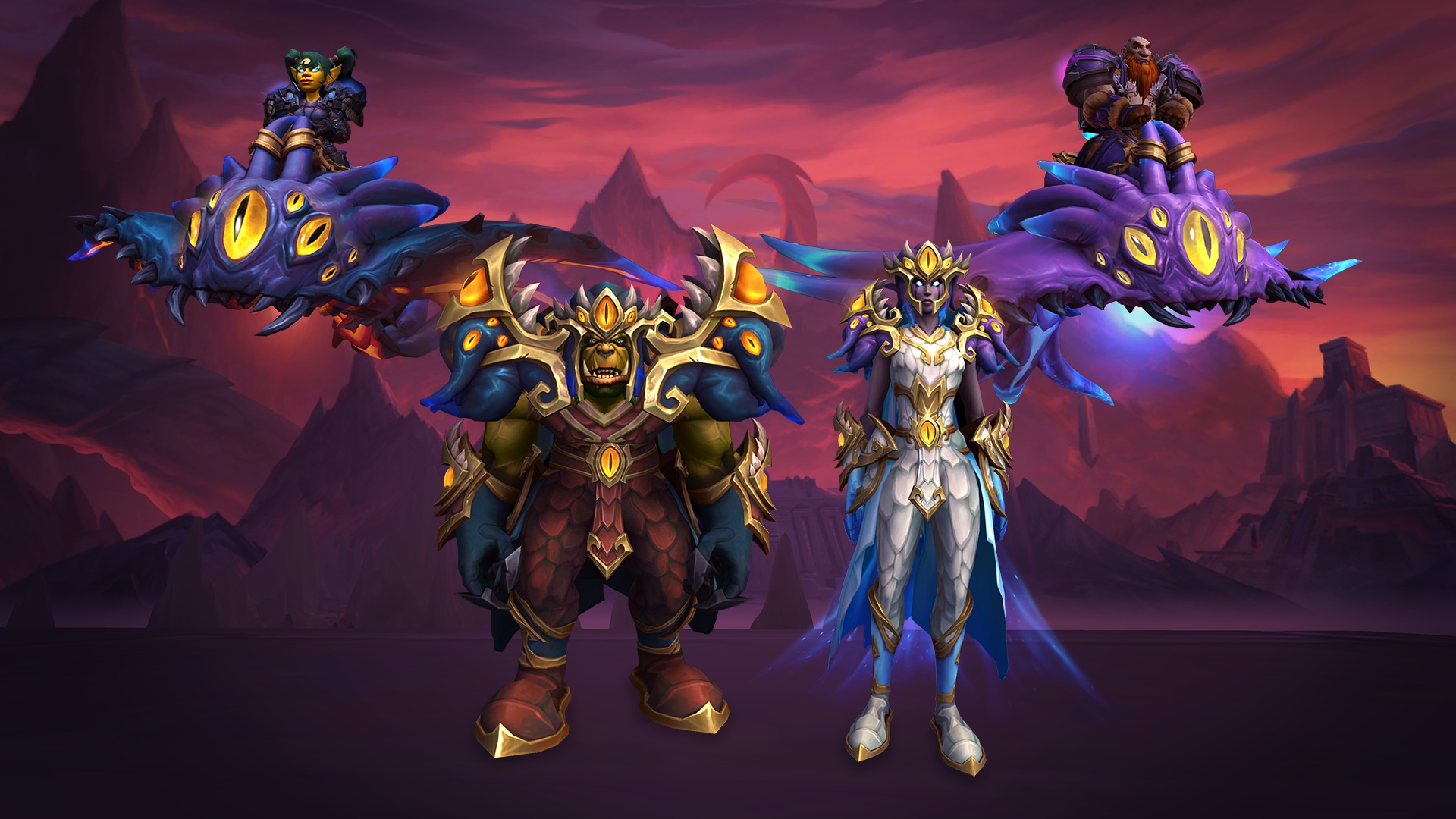 Abyssal Crown Collection: solda Azshara’s Darkscale Raiment ve Zothwing Darkseeker, sağda Azshara’s Deepscale Raiment ve Zothwing Deepseeker