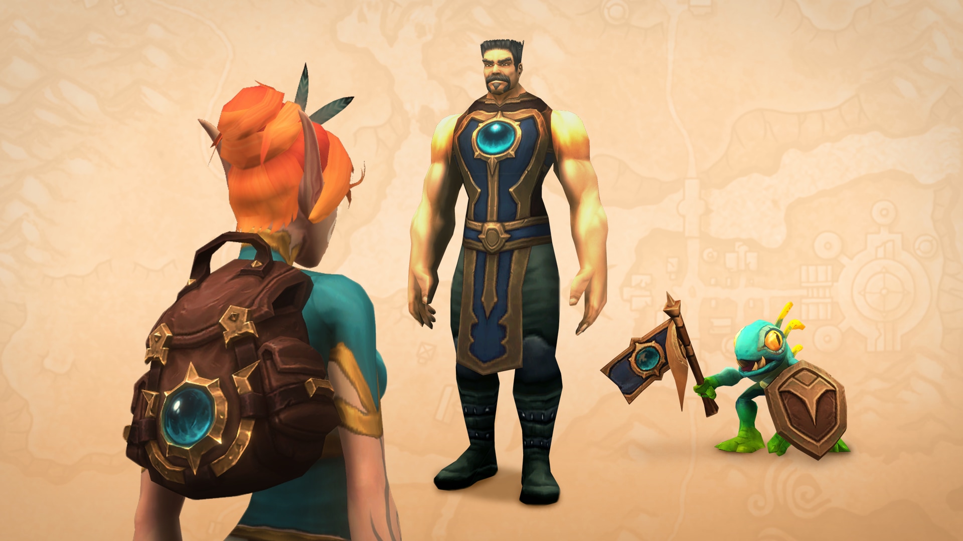 Soldan sağa Tabard of Eternal Exploration transmog, Eternal Explorer’s Backpack transmog ve Azurky pet