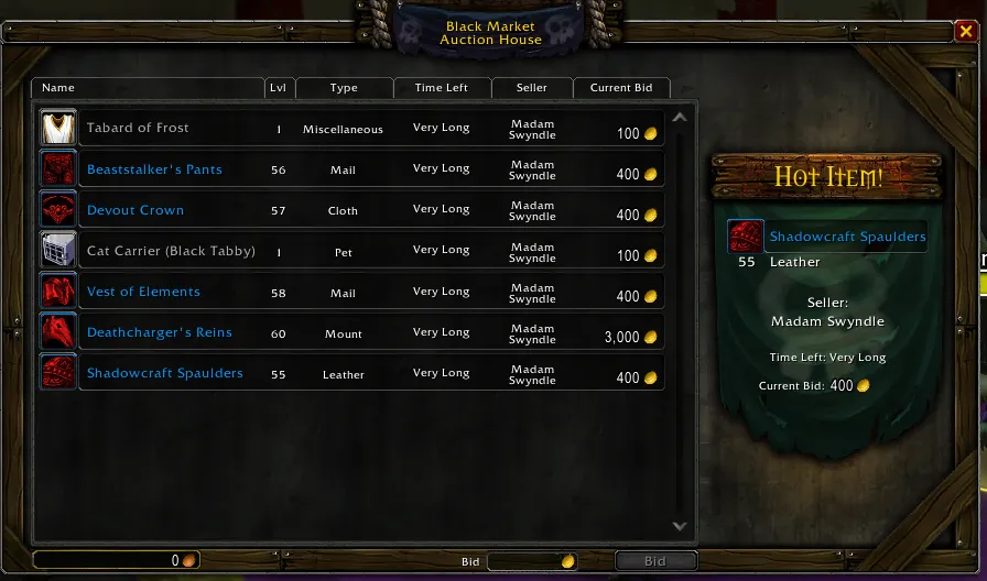 WoW Forever’da bir Black Market Auction House listesi